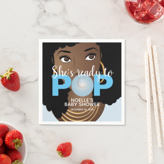 Schwarze Frau, Bereit zum Pop, Bubblegum, Blau Serviette (Beispiel)