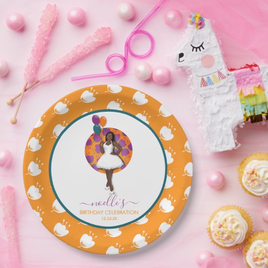 Schwarze Frau, Birthday Balloons & Blume, Orange Pappteller (Party)