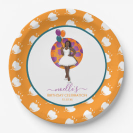 Schwarze Frau, Birthday Balloons & Blume, Orange Pappteller