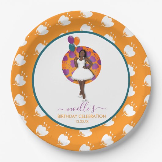 Schwarze Frau, Birthday Balloons & Blume, Orange Pappteller (Vorderseite)