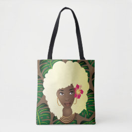 Schwarze Frau, blonde Afro, grüne Blätter, braun Tasche