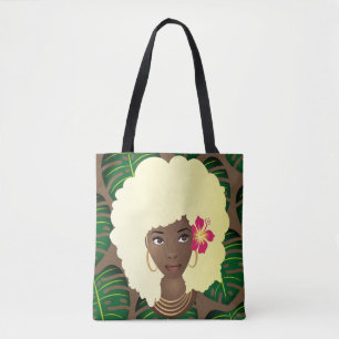 Schwarze Frau, blonde Afro, grüne Blätter, braun Tasche