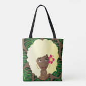 Schwarze Frau, blonde Afro, grüne Blätter, braun Tasche (Rückseite)