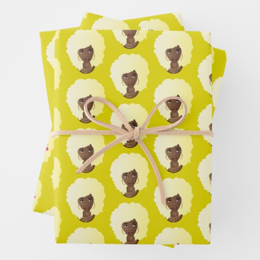 Schwarze Frau, blonde Afro, natürliches Haar, gelb Geschenkpapier Set (Beispiel)