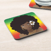 Schwarze Frau, Blume im Haar, Rot-Gelb-Grün Getränkeuntersetzer (Linke Seite)