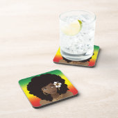 Schwarze Frau, Blume im Haar, Rot-Gelb-Grün Getränkeuntersetzer (Rechte Seite)