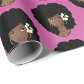 Schwarze Frau, Blume in Naturhaar, Rosa Magenta Geschenkpapier (Rolleneckpunkt)
