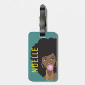 Schwarze Frau, Bubblegum, Naturhaare, Aquamarin gr Gepäckanhänger (Rückseite vertikal)