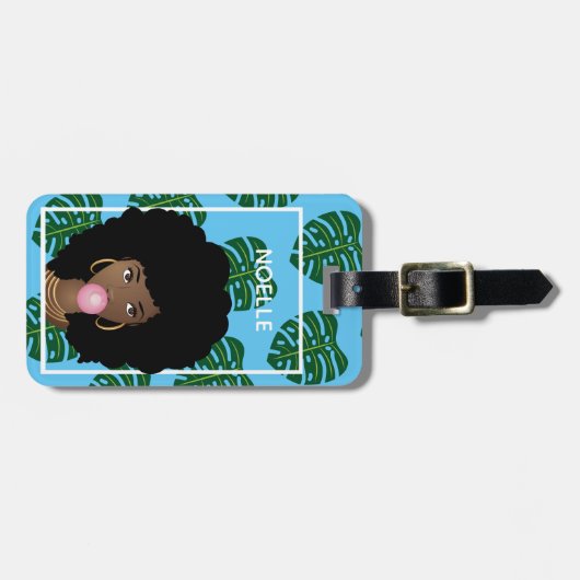Schwarze Frau, Bubblegum, tropische Blätter, Blau Gepäckanhänger (Vorderseite horizontal)