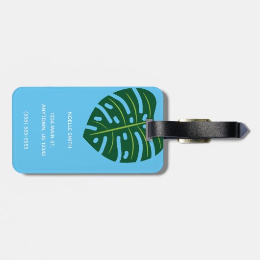 Schwarze Frau, Bubblegum, tropische Blätter, Blau Gepäckanhänger (Rückseite horizontal)