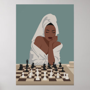 Schwarze Frau, die Schach spielt, Boho Stil. Poster