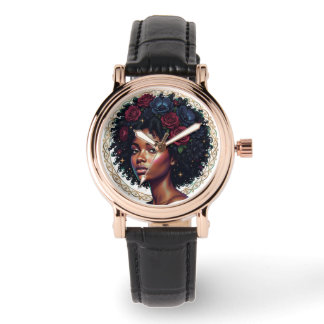 Schwarze Frau Dunkle Floral Afro Armbanduhr