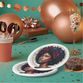 Schwarze Frau Dunkle Floral Afro Pappteller