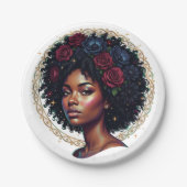 Schwarze Frau Dunkle Floral Afro Pappteller (Vorderseite)