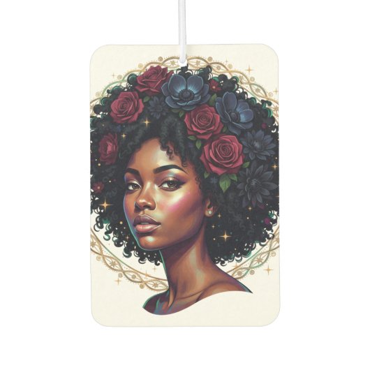 Schwarze Frau Dunkle Florale Afro-Frisur Autolufterfrischer (Vorderseite)