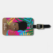 Schwarze Frau, farbenfrohe tropische Blätter, blau Gepäckanhänger (Vorderseite horizontal)