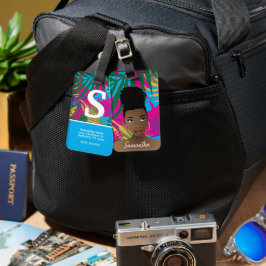 Schwarze Frau, farbenfrohe tropische Blätter, blau Gepäckanhänger