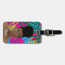 Schwarze Frau, farbenfrohe tropische Blätter, Mono Gepäckanhänger