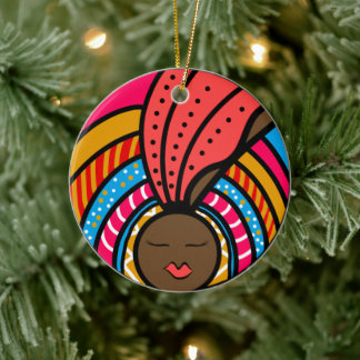 Schwarze Frau farbenfrohe Turban, orangefarbene Or Keramik Ornament