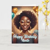 Schwarze Frau feiert Geburtstagsballons Karte (Gelbe Blume)