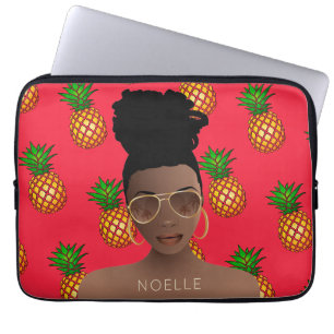 Schwarze Frau, Gold, Ananas Muster, Rot Laptopschutzhülle