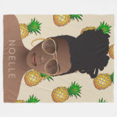 Schwarze Frau, Gold-Shades, Ananas-Muster, Beige Fleecedecke (Vorderseite (Horizontal))
