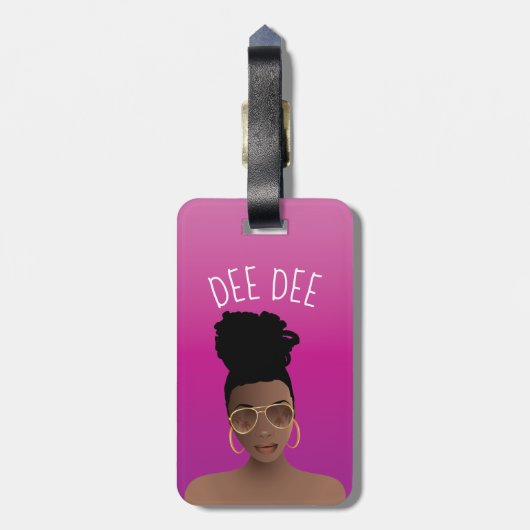 Schwarze Frau, Gold Shades & High Bun, Hot Pink Gepäckanhänger (Rückseite vertikal)