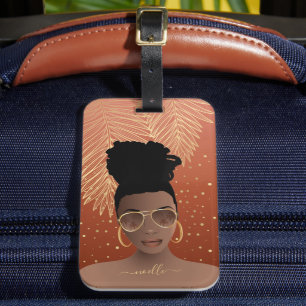 Schwarze Frau, Gold-Shades & Palm-Blätter, Kupfer Gepäckanhänger