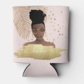 Schwarze Frau, Gold-Shades & Palm-Blätter, rosa Dosenkühler (Vorderseite)