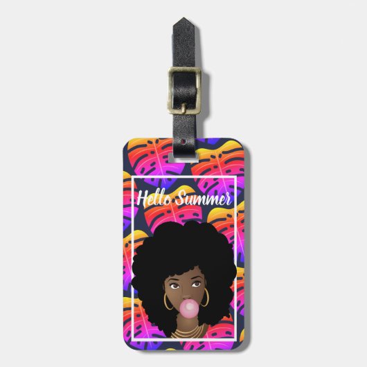 Schwarze Frau, Hallo Sommer farbenfrohe tropische  Gepäckanhänger (Vorderseite vertikal)
