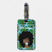 Schwarze Frau, Hallo Sommer, tropische Blätter, Bl Gepäckanhänger (Rückseite vertikal)