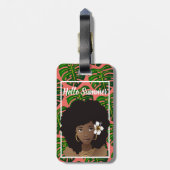 Schwarze Frau, Hallo Sommer, tropische Blätter, Ko Gepäckanhänger (Rückseite vertikal)