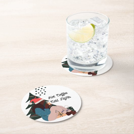 Schwarze Frau Illustrierte Weihnachten Runder Pappuntersetzer (Vor Ort)