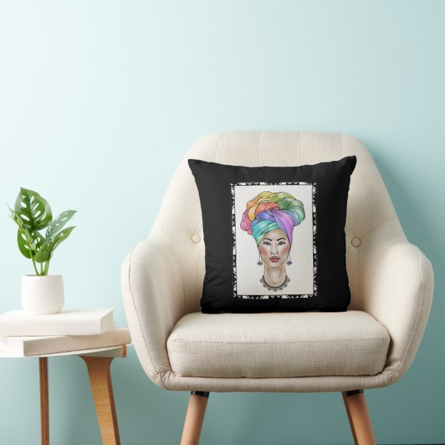 Schwarze Frau in einem farbenfrohen Turban Kissen (Stuhl )