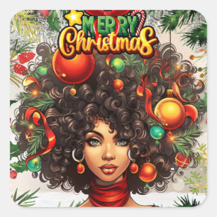 Schwarze Frau Melanin Weihnachten Afro Natural Que Quadratischer Aufkleber