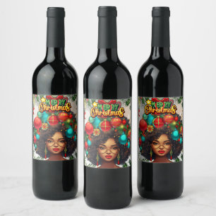 Schwarze Frau Melanin Weihnachten Afro Natural Que Weinetikett
