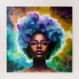 Schwarze Frau mit Afro Hair in Brille Galaxie Kuns Puzzle