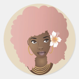 Schwarze Frau mit Blume in ihrem rosa Afro, Beige Runder Aufkleber