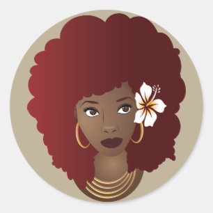 Schwarze Frau mit Blume in ihrem Roten Afro, Beige Runder Aufkleber