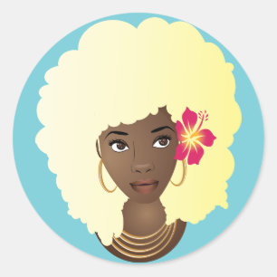 Schwarze Frau mit Blume in ihrer Blonde Afro, blau Runder Aufkleber