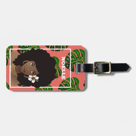 Schwarze Frau mit Blume, tropische grüne Blätter, Gepäckanhänger (Vorderseite horizontal)