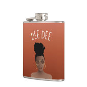 Schwarze Frau mit Gold-Shades & High Bun, Kupferbr Flachmann (Links)