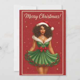 Schwarze Frau mit lockigem Santa-Schönheit Feiertagskarte