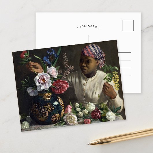 Schwarze Frau mit Peonies | Fré dé Bazille Postkarte