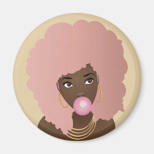 Schwarze Frau mit rosa Afro, rosa Bubblegum, poppe Magnet