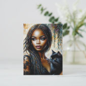 Schwarze Frau mit schwarzer Katzenkunst Postkarte (Stehend Vorderseite)