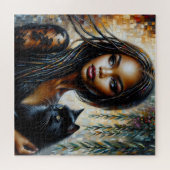 Schwarze Frau mit schwarzer Katzenkunst Puzzle (Horizontal)
