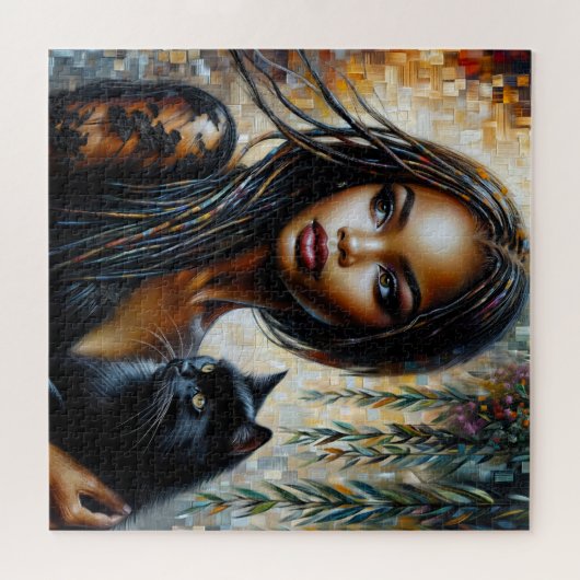 Schwarze Frau mit schwarzer Katzenkunst Puzzle (Horizontal)