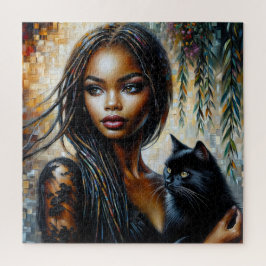Schwarze Frau mit schwarzer Katzenkunst Puzzle