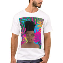 Schwarze Frau mit Sunglücken, tropisch farbige Blä